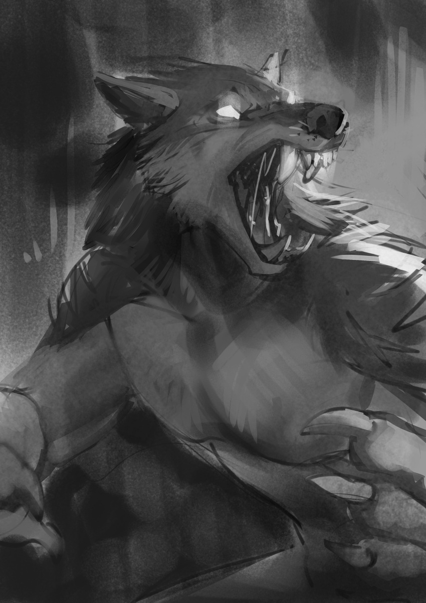 2021 absurd_res anthro canid canine canis digital_media_(artwork) hi_res male mammal monochrome open_mouth rakan scar scrappyvamp sketch were werecanid werecanine werewolf wolf