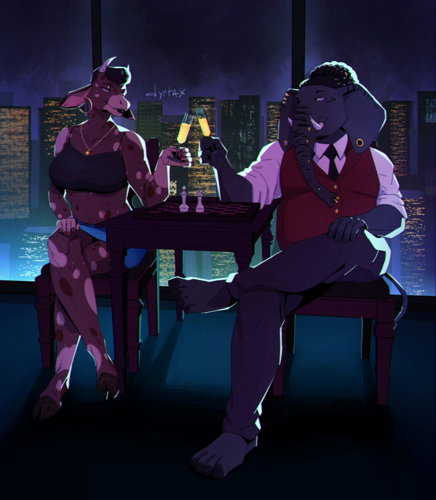 5_fingers alcohol anthro athletic athletic_anthro athletic_female beverage black_hair bottomwear bovid bovine brown_body brown_hair brown_skin cattle chair champagne champagne_glass che'doro_(ur_irrelephant) chess chess_board chess_piece chubby_anthro chubby_male city city_background cityscape clarabelle_abernathy clothed clothing colored colored_nails dark detailed detailed_background digital_drawing_(artwork) digital_media_(artwork) dreadlocks duo duo_focus dyrtax ear_piercing ear_ring ear_stud elephant elephantid eye_contact facial_piercing feet female fingers furniture gauged_ear grey_body grey_skin group hair hand_on_knee hand_on_leg hi_res hoop_earrings hooves inside jewelry looking_at_another male mammal markings midriff mottled muscular muscular_anthro muscular_male nails navel necklace necktie night nose_piercing pachyderm penthouse piercing pink_eyes pompadour proboscidean proboscis_(anatomy) scrimshaw septum_piercing shaded sitting skirt sky skyline slightly_chubby smile spaghetti_strap spots spots_(marking) spotted_body suit table toasting topwear trunk_(anatomy) trunk_piercing tusks vest watermark wide_hips yellow_eyes