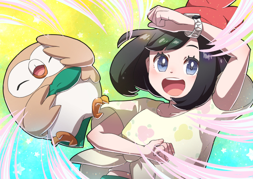 1girl :d bangs beanie black_hair blue_eyes commentary_request eyelashes floral_print gen_7_pokemon green_shorts hat he72oh highres open_mouth pokemon pokemon_(creature) pokemon_(game) pokemon_sm pose red_headwear rowlet selene_(pokemon) shirt short_sleeves shorts smile t-shirt tied_shirt tongue upper_teeth yellow_shirt z-ring