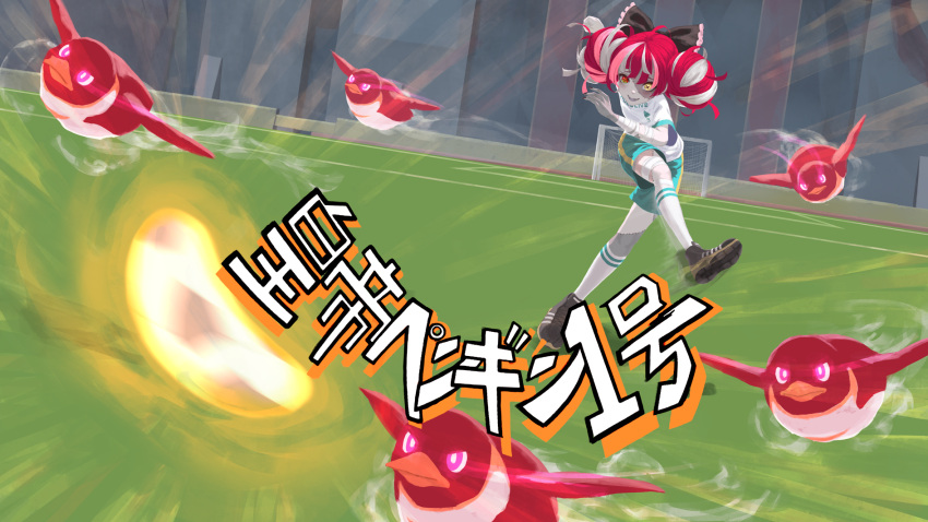 1girl ball bow colored_skin colored_tongue commentary_request double_bun grey_hair hair_bow heterochromia highres hololive hololive_indonesia inazuma_eleven_(series) jersey kicking kureiji_ollie laing multicolored_hair open_mouth parody patchwork_skin red_eyes red_hair short_sleeves shorts smile soccer_ball soccer_field soccer_uniform solo sportswear stadium stitched_face stitches translation_request virtual_youtuber white_hair yellow_eyes zombie