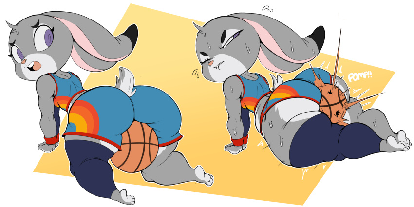 absurd_res anthro ball basketball_(ball) big_butt bodily_fluids butt crush disney female grey_body hi_res huge_butt judy_hopps lagomorph leporid mammal pomf purple_eyes purple_yoshi_draws rabbit solo space_jam space_jam:_a_new_legacy sweat thick_thighs warner_brothers zootopia