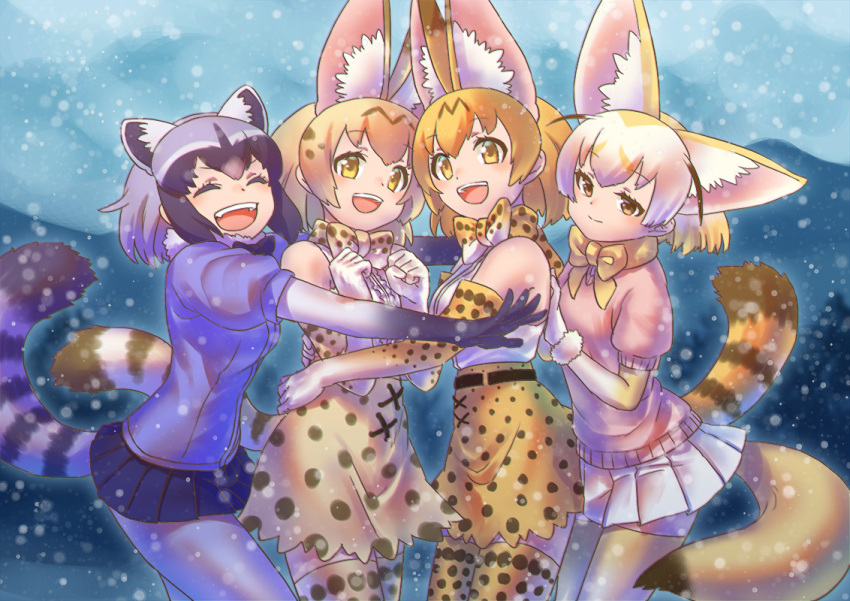 4girls animal_ear_fluff animal_ears bangs belt black_belt black_gloves black_neckwear black_skirt blonde_hair blouse blue_blouse bob_cut bow bowtie brown_eyes clenched_hands closed_eyes commentary common_raccoon_(kemono_friends) elbow_gloves extra_ears eyebrows_visible_through_hair fennec_(kemono_friends) fox_ears fox_tail fur_collar gloves grey_hair grey_legwear group_hug high-waist_skirt hug inukoro_(spa) kemono_friends looking_at_viewer miniskirt multiple_girls open_mouth orange_eyes orange_gloves orange_hair orange_legwear orange_neckwear pink_sweater pleated_skirt print_gloves print_legwear print_neckwear print_skirt puffy_short_sleeves puffy_sleeves raccoon_ears raccoon_tail serval_(kemono_friends) serval_ears serval_tail shirt short_hair short_sleeves skirt sleeveless sleeveless_shirt smile standing sweater tail thighhighs white_gloves white_serval_(kemono_friends) white_shirt white_skirt yellow_eyes yellow_gloves yellow_legwear yellow_neckwear