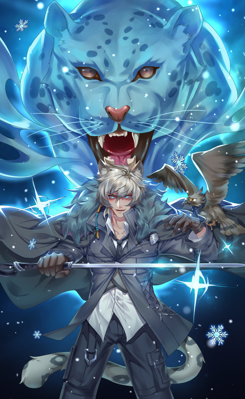 1boy :d absurdres aluo_7762 animal_ear_fluff animal_ears arknights bangs black_cape black_gloves black_jacket black_pants blue_eyes cape cowboy_shot fur-trimmed_cape fur_trim gloves hair_between_eyes highres holding holding_sword holding_weapon jacket leopard leopard_ears leopard_tail long_sleeves looking_at_viewer male_focus open_mouth pants shirt short_hair silver_hair silverash_(arknights) smile snowflakes standing sword tail tenzin_(arknights) weapon white_shirt