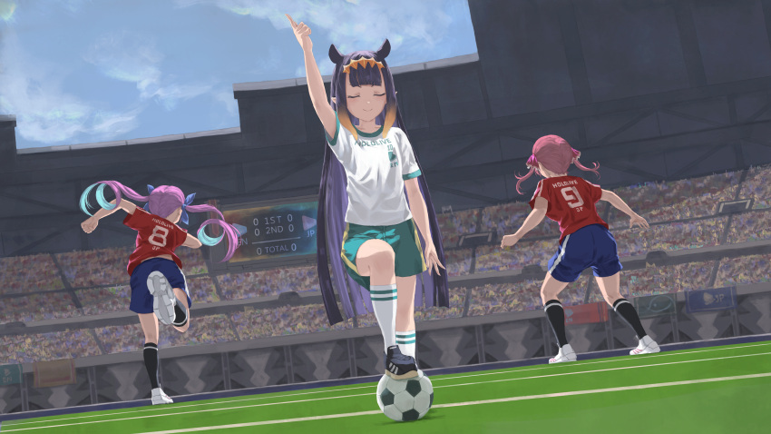 3girls ball bangs black_hair blunt_bangs closed_eyes closed_mouth commentary_request gradient_hair highres hololive hololive_english inazuma_eleven_(series) index_finger_raised jersey laing long_hair multicolored_hair multiple_girls ninomae_ina'nis orange_hair parody pointing pointing_up purple_hair short_sleeves shorts sidelocks smile soccer_ball soccer_field soccer_uniform sportswear stadium tentacle_hair very_long_hair virtual_youtuber