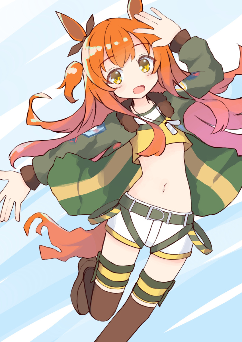 1girl :d absurdres animal_ears arm_up bangs blush brown_eyes brown_footwear brown_legwear brown_ribbon commentary_request crop_top ear_ribbon eyebrows_visible_through_hair feet_out_of_frame green_jacket highres horse_ears horse_girl horse_tail ichi jacket long_hair long_sleeves looking_at_viewer mayano_top_gun_(umamusume) midriff navel open_clothes open_jacket open_mouth orange_hair ribbon shirt shoes short_shorts shorts smile solo standing standing_on_one_leg tail thighhighs two_side_up umamusume very_long_hair white_shorts yellow_shirt