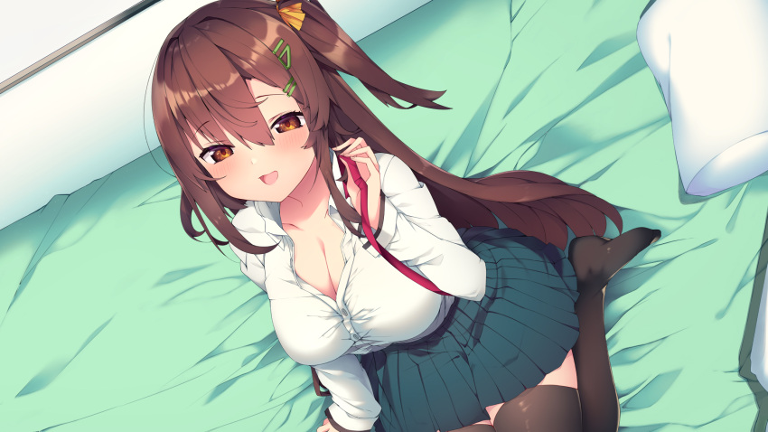 bed brown_eyes brown_hair haruyuki_(yukichasoba) long_hair original skirt thighhighs