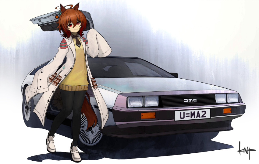 1girl absurdres agnes_tachyon_(umamusume) ahoge animal_ears bangs black_neckwear black_pants breasts car coat crossover delorean ground_vehicle head_tilt highres horse_ears horse_girl horse_tail kano_(nakanotakahiro1029) labcoat looking_at_viewer motor_vehicle necktie pants red_eyes short_necktie sleeves_past_fingers sleeves_past_wrists small_breasts smile tail umamusume vest white_coat white_footwear yellow_vest