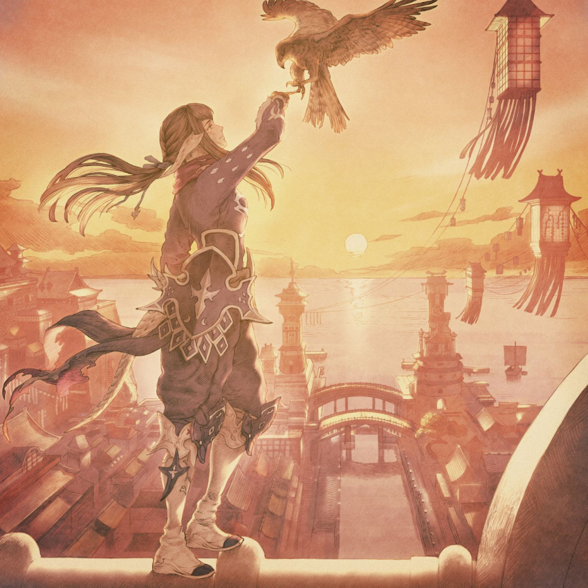 1girl arm_up bird boots city dragon_horns dragon_tail final_fantasy final_fantasy_xiv hawk highres horns kuroimori official_art scarf second-party_source square_enix standing sunset tail yugiri_mistwalker