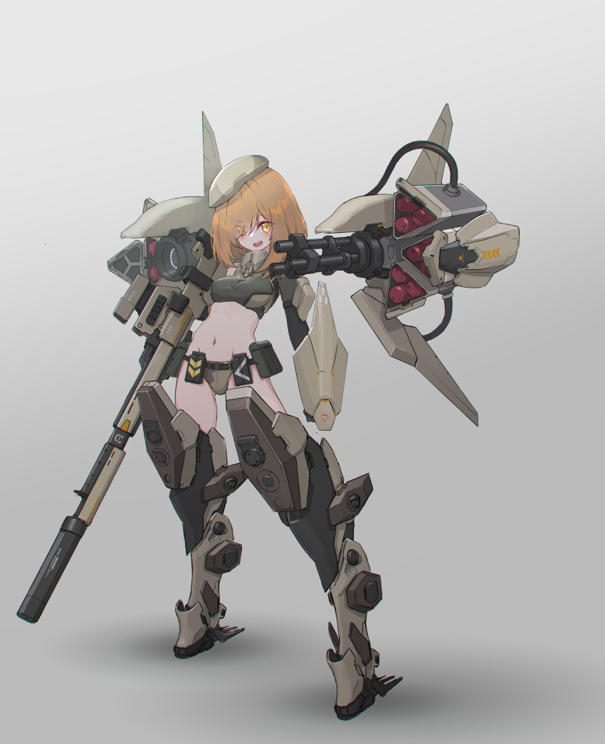 1girl :d absurdres beret brown_hair gatling_gun gun hat highres mecha_musume medium_hair missile_pod navel oota_youjo open_mouth orange_hair original science_fiction simple_background smile solo suppressor weapon yellow_eyes