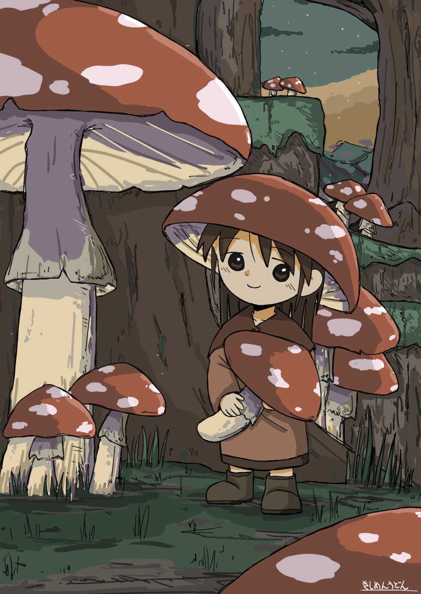 1girl brown_eyes brown_footwear brown_hair brown_robe eyebrows_visible_through_hair fly_agaric highres holding holding_mushroom kishimen_udn mushroom original outdoors smile solo