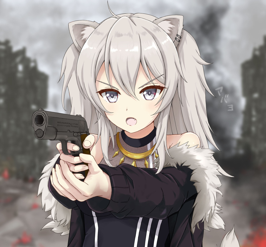 1girl :o animal_ears bangs bare_shoulders black_jacket black_shirt blurry blurry_background commentary_request depth_of_field english_text eyebrows_visible_through_hair fang flipper fur-trimmed_jacket fur_trim grey_eyes grey_hair gun hair_between_eyes handgun highres holding holding_gun holding_weapon hololive jacket lion_ears lion_girl lion_tail long_hair long_sleeves off_shoulder open_clothes open_jacket open_mouth outstretched_arms pistol shirt shishiro_botan sleeveless sleeveless_shirt solo tail two_side_up v-shaped_eyebrows virtual_youtuber weapon weapon_request