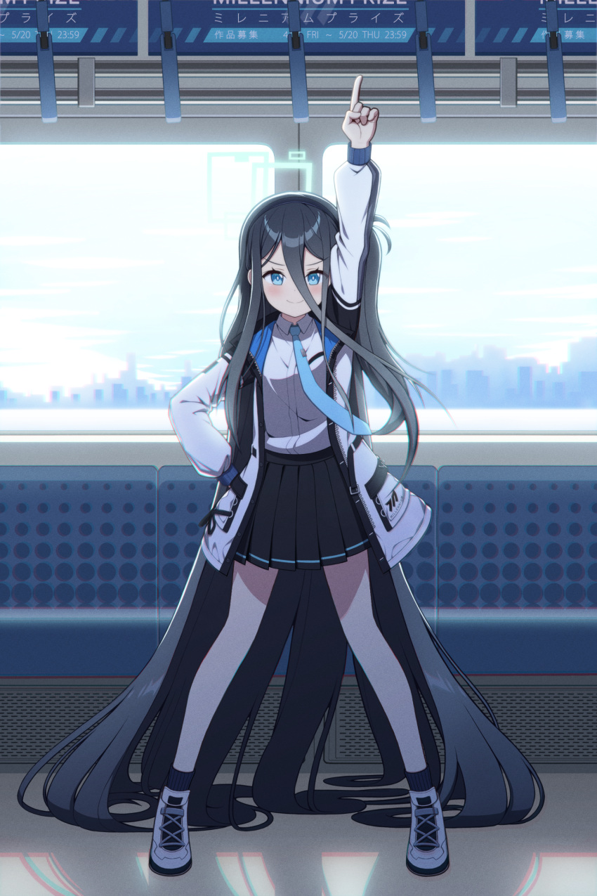 1girl absurdly_long_hair absurdres arisu_(blue_archive) arm_up blue_archive blue_eyes blush dark_blue_hair full_body hair_between_eyes highres jacket long_hair looking_at_viewer necktie pointing pointing_up school_uniform shoes sizque smile solo train_interior very_long_hair