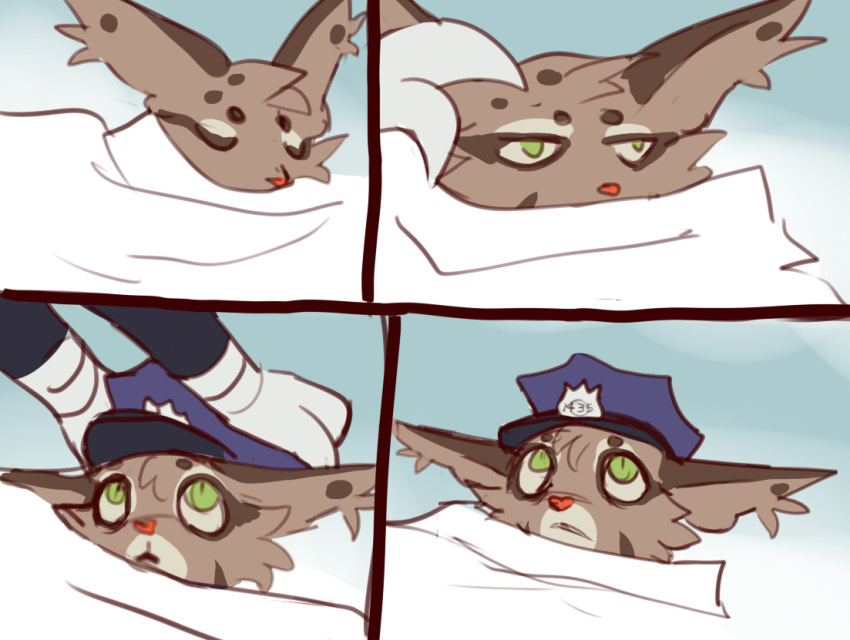 ambiguous_gender anthro bedding blanket clothing clouded_leopard comic eyes_closed felid female green_eyes grimart hat headgear headwear jonesy_hoovus_(grimart) machine mammal open_mouth pantherine police robot sleeping spots