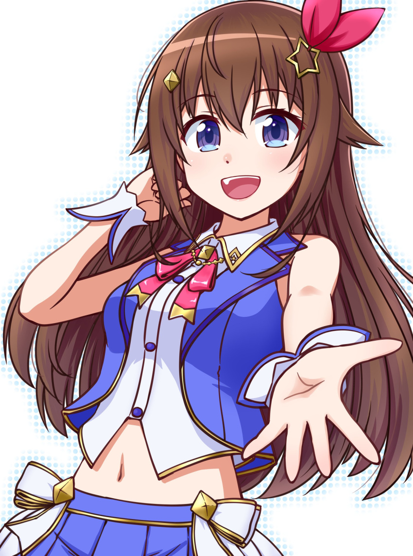 1girl absurdres bangs bare_shoulders blue_eyes blue_vest brown_hair collared_shirt commentary_request cropped_vest dress_shirt eyebrows_visible_through_hair goriate hair_ornament highres hololive looking_at_viewer midriff navel open_mouth shirt solo star_(symbol) star_hair_ornament tokino_sora vest