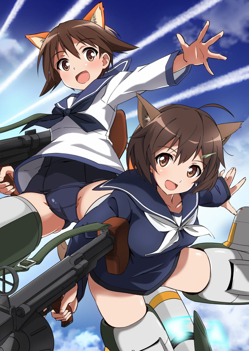 animal_ears cameltoe gun karibuchi_hikari miyafuji_yoshika school_swimsuit seifuku strike_witches swimsuits tagme tail weapon