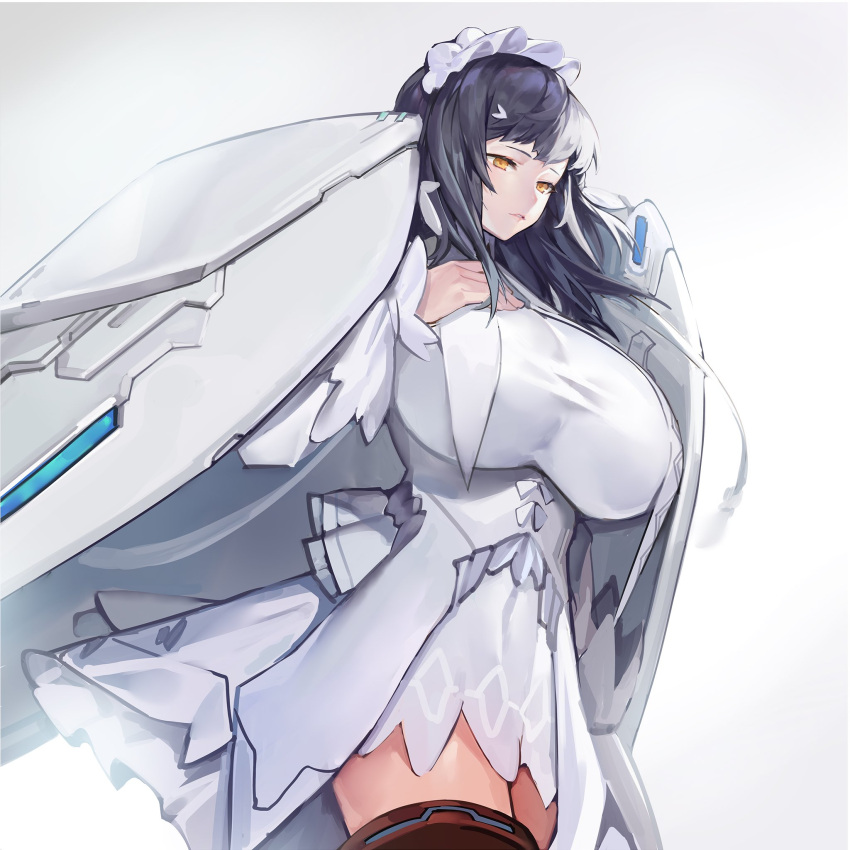 1girl bangs breasts commentary cowboy_shot dark_blue_hair dress hand_on_own_chest highres huge_breasts impossible_clothes impossible_dress jam_(nandade) last_origin long_hair looking_down maid_headdress parted_lips simple_background snow_feather solo thighhighs thighs white_background white_dress wings yellow_eyes