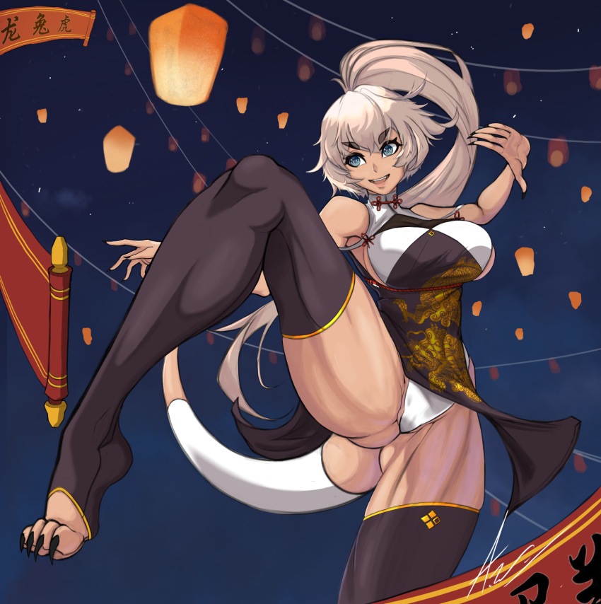 asian_clothes chinadress no_bra pantsu skirt_lift tagme tail thighhighs