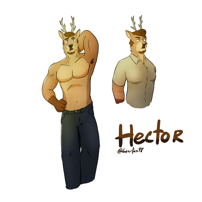 anthro antlers bare_chest beard bottomwear brown_hair buck_(disambiguation) cervid clothing digital_media_(artwork) facial_hair gearfox98 green_eyes hair hector_(gearfox98) hi_res horn male mammal pants pecs shirt solo speedpaint topwear