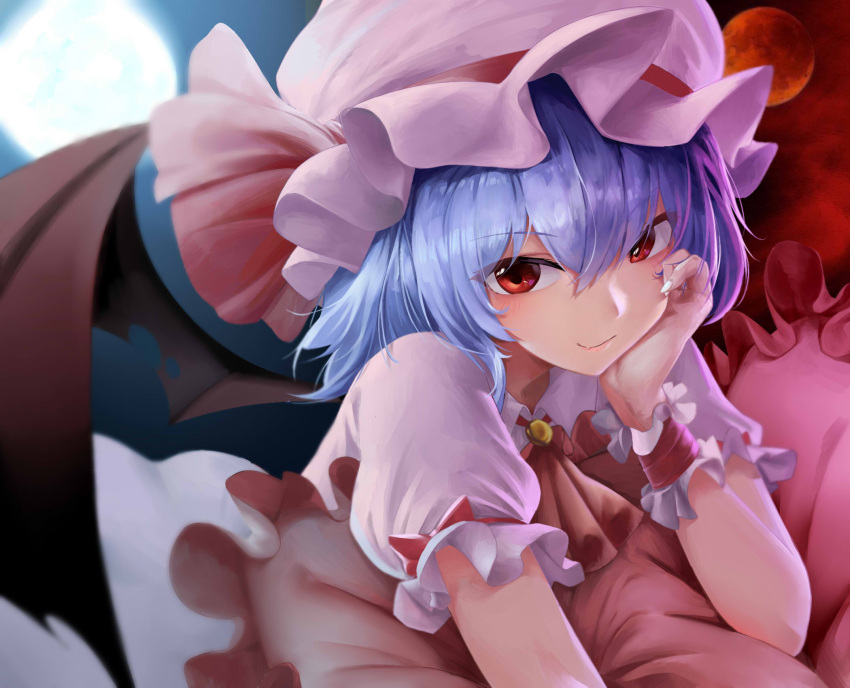 1girl bat_wings blue_hair closed_mouth doroti. dress fang fang_out fingernails frills hat head_rest highres looking_at_viewer mob_cap pillow pink_dress puffy_short_sleeves puffy_sleeves red_eyes remilia_scarlet sharp_fingernails short_hair short_sleeves skin_fang smile solo touhou upper_body vampire wings