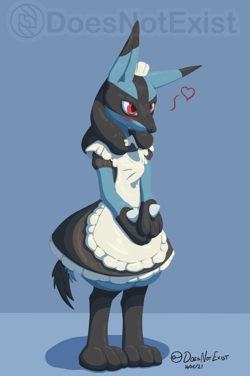 &lt;3 2021 3_fingers 3_toes ambiguous_gender anthro apron biped black_body black_fur blacktail_(theandymac) blue_body blue_fur blush canid canine clothing cute_fangs digital_media_(artwork) dipstick_ears dipstick_tail dress feet fingers fur gloves_(marking) hi_res lineless lucario maid_uniform mammal markings multicolored_ears multicolored_tail nintendo pok&eacute;mon pok&eacute;mon_(species) red_eyes signature simple_background smile solo spikes spikes_(anatomy) standing subscribestar theandymac toes uniform video_games watermark