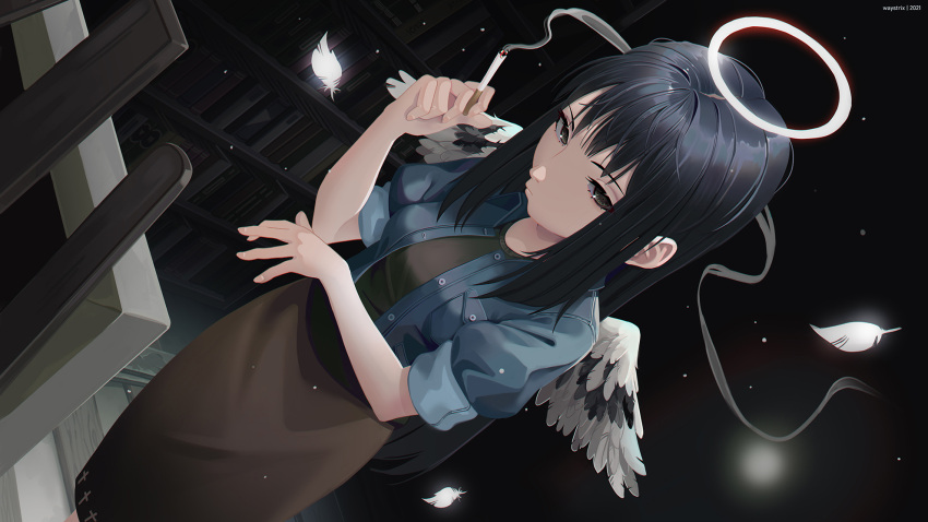 1girl angel_wings bangs between_fingers black_eyes black_feathers black_hair black_theme brown_dress cigarette dress dutch_angle feathered_wings feathers from_above haibane_renmei halo highres jacket long_hair looking_at_viewer perspective reki_(haibane) sidelocks sleeves_rolled_up smoke solo waystrix white_feathers wings