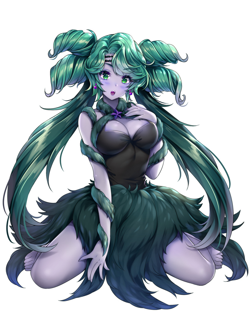 1girl bare_legs barefoot bishoujo_senshi_sailor_moon bishoujo_senshi_sailor_moon_crystal breasts choker cleavage colored_skin dark_green_hair dress earrings grass_skirt green_eyes heart heart-shaped_pupils highres jewelry large_breasts lebachqui126 purple_skin skirt solo symbol-shaped_pupils tellu_(sailor_moon) thorns witches_5