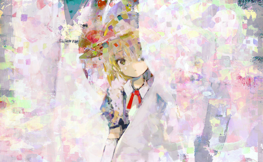 1girl abstract anabone bangs behind_cover blonde_hair brush_strokes closed_mouth collared_shirt elbow_gloves expressionless gloves hat hat_ribbon kana_anaberal neck_ribbon puffy_short_sleeves puffy_sleeves red_neckwear ribbon shirt short_hair short_sleeves solo touhou upper_body white_gloves yellow_eyes