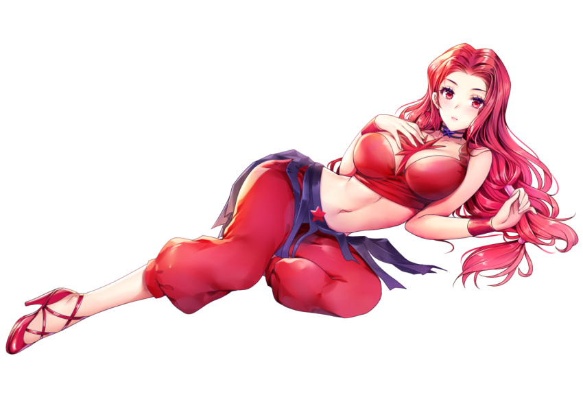 1girl bishoujo_senshi_sailor_moon bishoujo_senshi_sailor_moon_crystal breasts choker cleavage eudial_(sailor_moon) high_heels jewelry large_breasts lebachqui126 long_hair lying midriff navel on_side red_eyes red_footwear red_hair solo witches_5