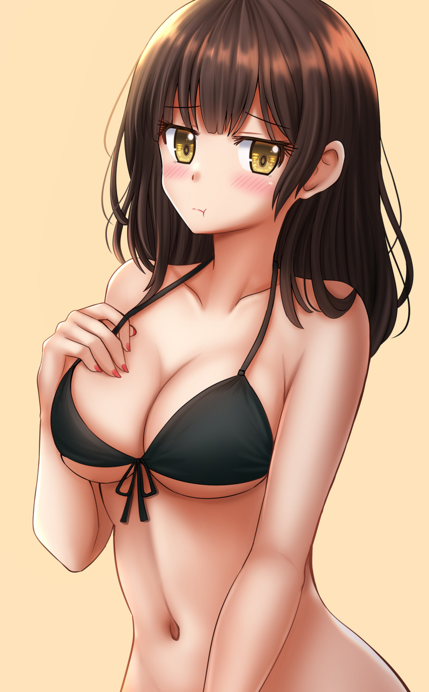 1girl :t bangs bare_arms bare_shoulders bikini black_bikini blush breasts brown_background brown_eyes brown_hair cleavage closed_mouth collarbone commentary eyebrows_visible_through_hair front-tie_bikini front-tie_top hand_up hige_wo_soru._soshite_joshikousei_wo_hirou. highres kazenokaze long_hair looking_at_viewer medium_breasts nail_polish navel ogiwara_sayu pout red_nails simple_background solo swimsuit upper_body