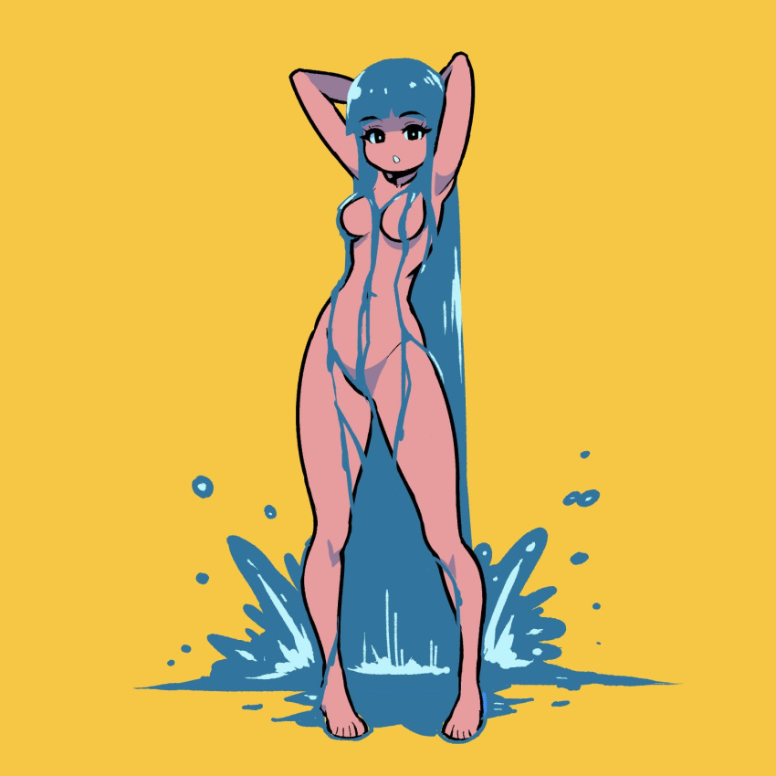 1girl absurdly_long_hair akairiot armpits arms_up bangs black_eyes blunt_bangs breasts bright_pupils eyebrows_visible_through_hair full_body highres kelda_(akairiot) long_hair medium_breasts navel no_nose original simple_background solo splashing standing very_long_hair water white_pupils yellow_background