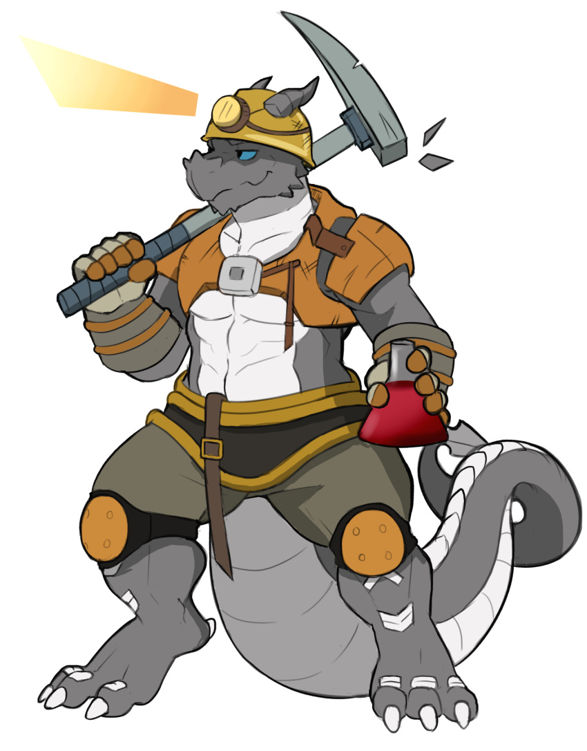 anthro armor black_clothing blue_eyes clothing curved_horn engineer engineer_(factorio) factorio flask gloves grey_body grey_clothing grey_scales handwear hard_hat headgear headlamp helmet hi_res holding_object holding_tool horn kardukk knee_pads kobold looking_away male midriff orange_clothing pickaxe reptile scales scalie see-saw simple_background solo tools video_games white_background white_body white_scales yellow_clothing