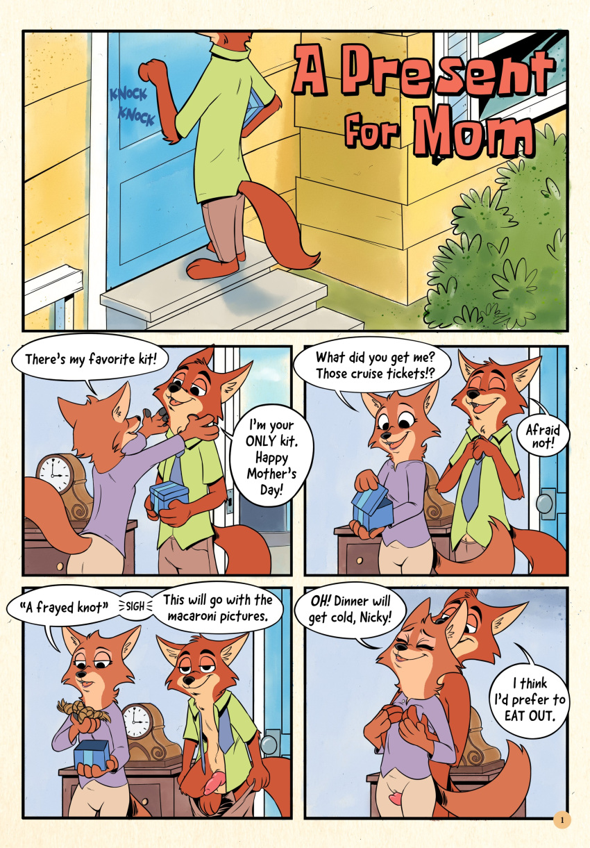 2021 absurd_res animal_genitalia animal_penis anthro anthro_on_anthro barefoot bottomwear canid canine canine_penis clothed clothing comic dialogue disney duo english_text erection feet female fox fully_clothed genitals giftbox hi_res home incest_(lore) knot male male/female mammal mother mother_and_child mother_and_son mrs._wilde necktie nemonutkin nick_wilde pants parent parent_and_child penis red_fox shirt smile son speech_bubble standing text topwear undressing zootopia