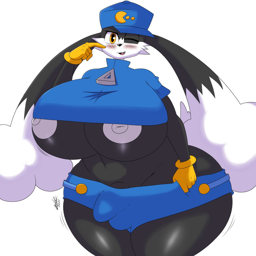 2021 anthro big_breasts breasts clothed clothing domestic_cat felid feline felis fur gloves gynomorph handwear hat headgear headwear hi_res huge_breasts huge_hips intersex itisjoidok klonoa klonoa_(series) long_ears looking_at_viewer mammal multicolored_body multicolored_fur namco_bandai nipples one_eye_closed pac-man pac-man_(series) smile solo thick_thighs two_tone_body two_tone_fur video_games white_body wide_hips wink winking_at_viewer yellow_eyes yellow_gloves