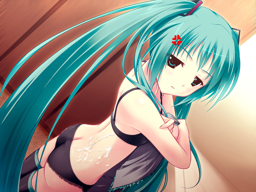 amino angry cum cum_on_back cum_on_body cum_on_upper_body green_hair hatsune_miku headphones lingerie miku_hatsune twintails underwear undressing vocaloid