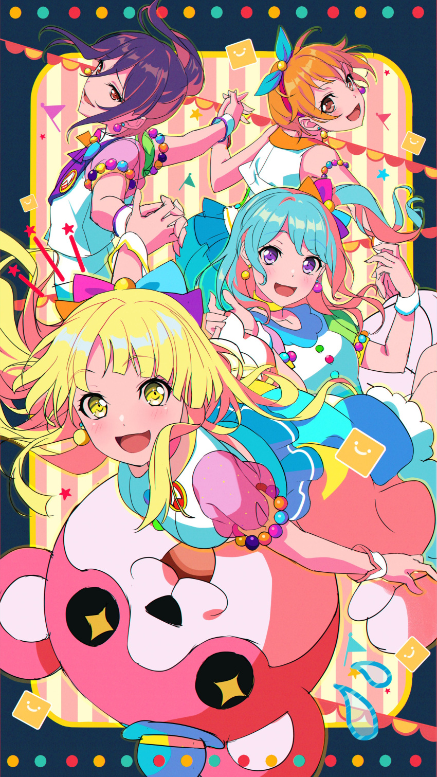 +_+ 4girls :d absurdres animal_costume bang_dream! bangs bear_costume blonde_hair blue_hair blush bow bowl bowl_hat breasts brown_eyes dress earrings eyebrows_visible_through_hair frilled_dress frills hair_bow hat hello_happy_world! highres holding_hands interlocked_fingers jewelry kitazawa_hagumi leaning_back light_blue_hair long_hair looking_at_viewer mascot mascot_costume matsubara_kanon medium_breasts michelle_(bang_dream!) mini_hat multicolored_bow multiple_girls nobusawa_osamu one_side_up open_mouth orange_hair ponytail puffy_short_sleeves puffy_sleeves purple_eyes red_eyes see-through_sleeves seta_kaoru short_hair short_sleeves sidelocks smile tsurumaki_kokoro wrist_cuffs yellow_eyes