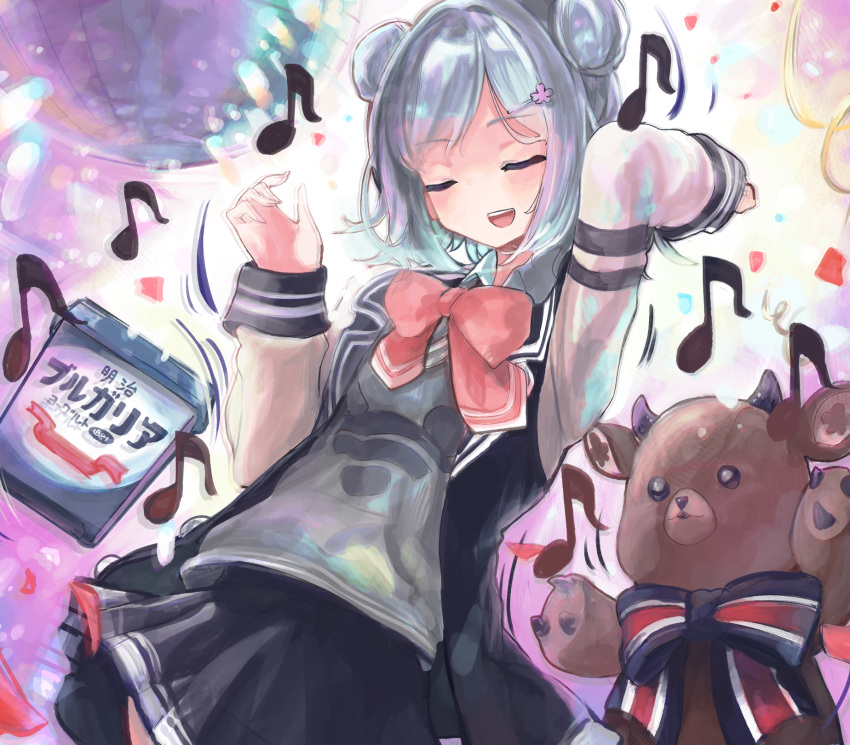 1girl ascot blazer blue_jacket blue_skirt cevio closed_eyes commentary confetti cowboy_shot disco_ball double_bun grey_hair grey_sweater hair_ornament hairclip hands_up highres horns jacket koharu_rikka lakiston microa miniskirt musical_note open_mouth pink_neckwear pleated_skirt school_uniform short_hair skirt smile stuffed_animal stuffed_toy sweater synthesizer_v teddy_bear translated yogurt