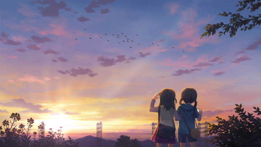 2girls bag bird blue_shorts brown_hair child cloud covering flock flower from_behind hair_tie heart highres hirose_yuki holding holding_phone hood hoodie layered_sleeves light light_rays locked_arms long_hair long_sleeves mountain mountainous_horizon multicolored multicolored_clothes multiple_girls nature original phone pink_skirt power_lines scenery school_bag shading_eyes shirt shorts shoulder_bag skirt standing sunset tree twintails utility_pole white_shirt