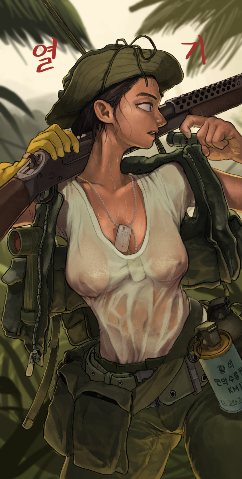 1girl absurdres belt belt_pouch between_breasts black_hair blue_eyes boonie_hat breasts commentary_request covered_navel covered_nipples dark_skin dark_skinned_female day dog_tags explosive gloves green_headwear green_legwear green_vest grenade hat highres hot jungle load_bearing_vest looking_afar medium_breasts military military_uniform nature no_bra nose open_clothes open_vest original over_shoulder palm_tree parted_lips pouch pump_action republic_of_korea_army rifleman_(bjh8508) see-through_shirt shirt short_hair shotgun_shells single_glove soldier solo sweat t-shirt tree uniform upper_teeth vest weapon weapon_over_shoulder wet wet_clothes wet_shirt wet_t-shirt white_shirt yellow_gloves