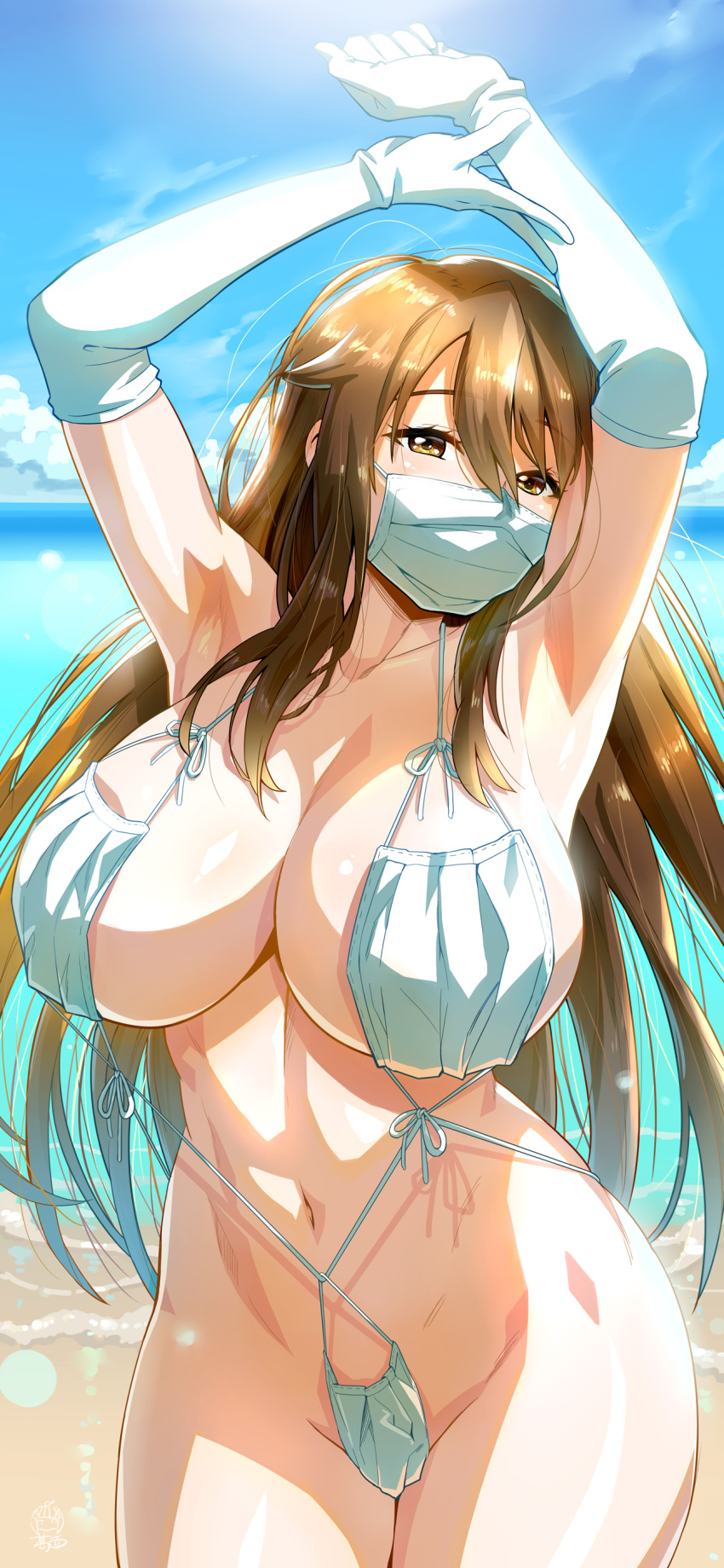 1girl absurdres armpits arms_up bangs beach blue_sky blush breasts brown_eyes brown_hair cleavage collarbone commentary_request covered_mouth cowboy_shot day elbow_gloves eyebrows_visible_through_hair ge_xi gloves hair_between_eyes highres large_breasts long_hair looking_at_viewer makeshift_swimsuit mask mask_on_breasts mouth_mask ocean original outdoors sky slingshot_swimsuit solo stomach swimsuit very_long_hair water white_gloves