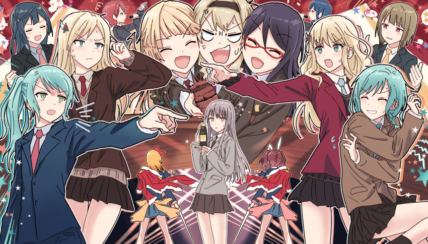 6+girls :d =3 ^_^ afterimage alternate_hairstyle anger_vein angry animal_ears aqua_eyes aqua_hair aqua_outline arm_at_side arm_up bang_dream! bangs black_hair black_hairband black_jacket black_legwear black_neckwear black_skirt black_sweater blank_eyes blazer blonde_hair blue_hair blue_jacket blue_neckwear blue_pants blue_shirt blue_skirt blue_suit blunt_bangs blush bottle bow braid brown_eyes brown_hair brown_jacket brown_skirt brown_sweater bunny_ears bushiroad character_request closed_eyes closed_mouth collared_shirt commentary company_connection confetti cosplay crossover d4dj desk eye_contact eyebrows_visible_through_hair facing_another facing_away facing_viewer fake_animal_ears flower flying_sweatdrops formal from_behind fur-trimmed_jacket fur_trim furukawa_wanosuke gavel green_eyes grey_hair grey_jacket gyakuten_saiban hair_bow hair_flower hair_ornament hairband hanayagi_kaoruko hand_up hands_up haneoka_school_uniform highres hikawa_hina hikawa_sayo holding holding_bottle holding_mallet holding_microphone holding_weapon isurugi_futaba jacket jacket_on_shoulders judge leg_up long_hair long_sleeves looking_at_another looking_at_viewer love_live! love_live!_nijigasaki_high_school_idol_club mallet microphone minato_yukina miniskirt multiple_girls nakasu_kasumi naruhodou_ryuuichi naruhodou_ryuuichi_(cosplay) necktie nervous nervous_smile no_pupils notice_lines objection ohnaruto_muni one_side_up open_mouth outline outstretched_arm pant_suit pants parody parted_lips pleated_skirt pocket pointing pointing_at_another ponytail red_bow red_flower red_hair red_jacket red_neckwear saijou_claudine school_uniform seishou_music_academy_uniform serious shaded_face shiny shiny_hair shirt short_hair shoujo_kageki_revue_starlight shoujo_kageki_revue_starlight_-re_live- shouting siblings sidelocks sisters skirt sleeves_past_wrists smile smirk socks speech_bubble speed_lines spoken_star spotlight squiggle standing standing_on_one_leg star_(symbol) suit sweat sweatdrop sweater swept_bangs tsurumaki_kokoro twins twintails upper_teeth v-shaped_eyebrows wavy_hair weapon white_outline white_shirt yellow_neckwear yumeoji_fumi yumeoji_shiori yuuki_setsuna_(love_live!)