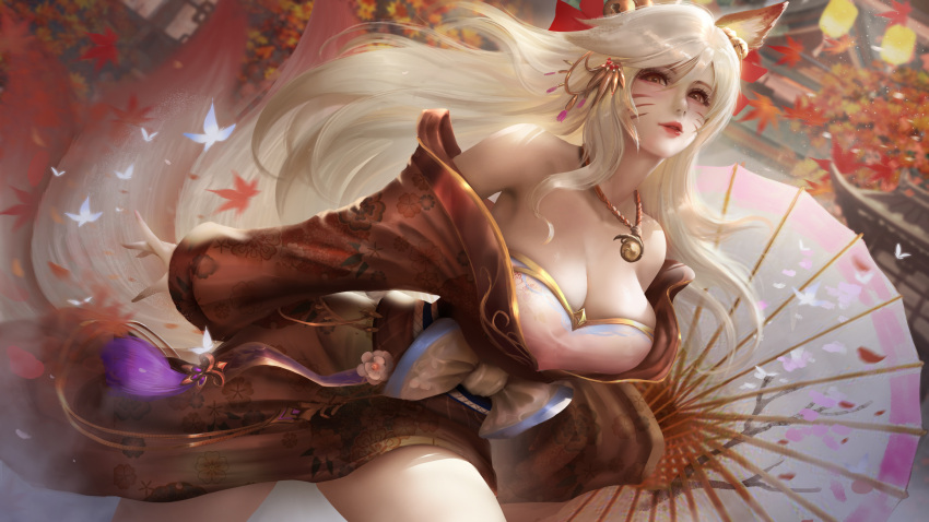 ahri animal_ears cleavage japanese_clothes kitsune league_of_legends tail umbrella windwalker