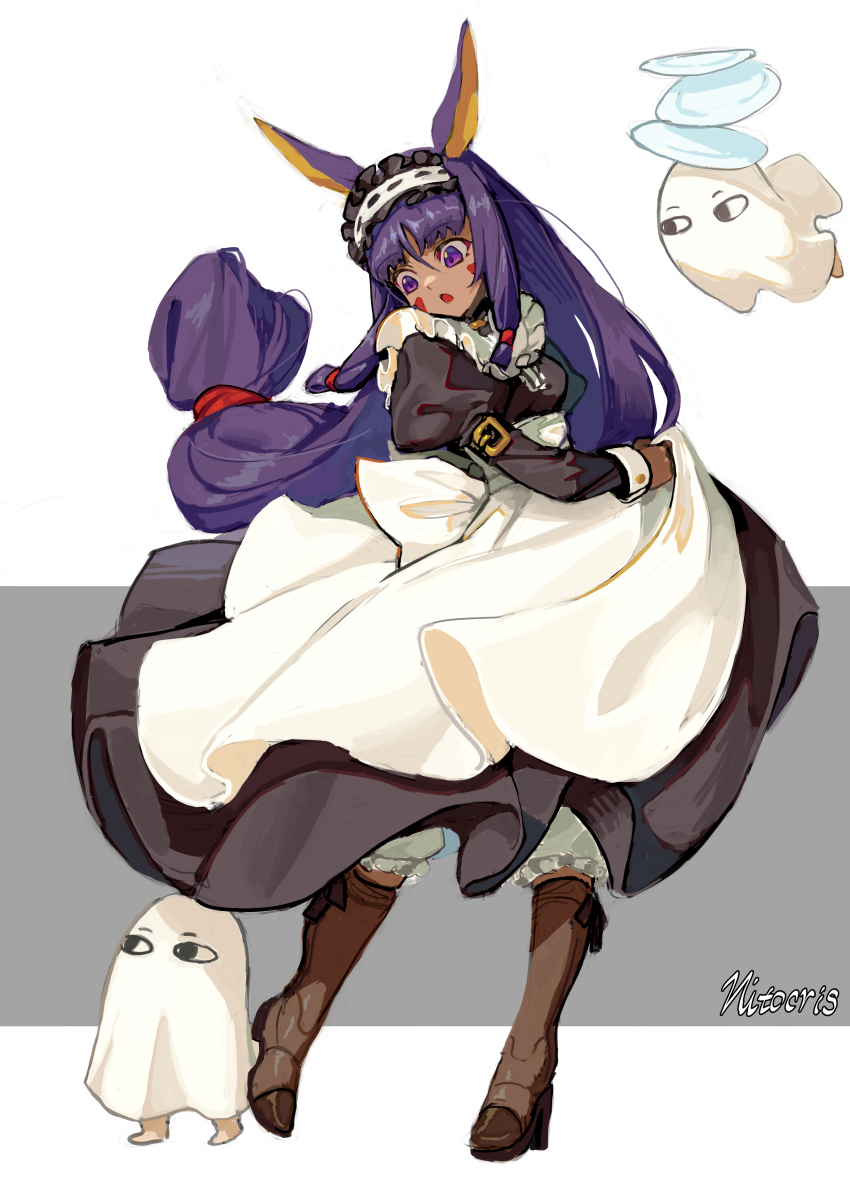 1girl 2others absurdres alternate_costume animal_ears apron black_dress dark_skin dark_skinned_female dress enmaided fate/grand_order fate_(series) highres hwoking jackal_ears juliet_sleeves long_hair long_sleeves low-tied_long_hair maid maid_apron maid_headdress medjed_(fate) multiple_others nitocris_(fate) puffy_sleeves purple_eyes purple_hair waist_apron white_apron