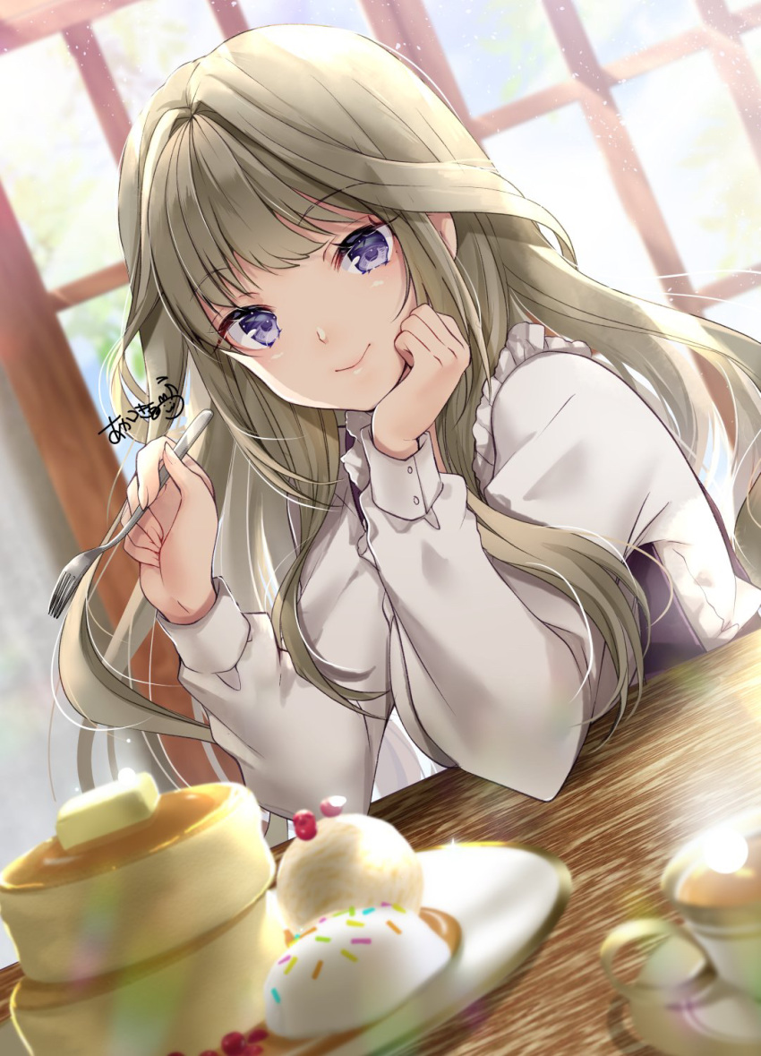 1girl akatsuki_hijiri arms_on_table bangs blonde_hair blouse blue_eyes closed_mouth commentary_request cranberry cup dessert eating eyebrows_visible_through_hair eyes_visible_through_hair food fork frilled_shirt_collar frills head_on_hand highres holding holding_fork ice_cream ice_cream_scoop light light_particles long_hair long_sleeves looking_at_viewer original pancake plate sitting smile solo stack_of_pancakes sweets syrup table tea teacup white_blouse window wooden_table