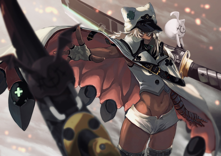 1girl bandaged_arm bandages belt cape dark_skin dark_skinned_female fingerless_gloves floating floating_object floating_sword floating_weapon gauss_&lt;bokashi gloves guilty_gear guilty_gear_strive hair_between_eyes navel outstretched_hand platinum_blonde_hair ramlethal_valentine short_shorts shorts standing sword thighs weapon white_gloves white_headwear white_shorts