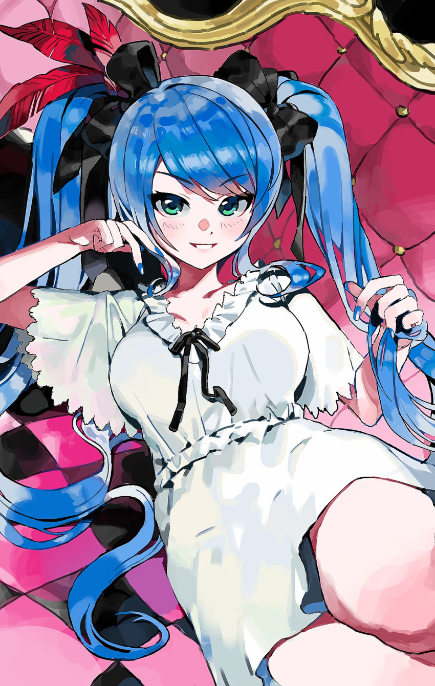 1girl 2pineapplepizza black_bow black_ribbon blue_hair blue_nails blush bow breasts checkered couch dress feathers frilled_dress frills green_eyes grin hair_bow hair_feathers hatsune_miku highres holding holding_hair long_hair lying on_back panties panty_peek ribbon smile supreme_(module) twintails underwear vocaloid white_dress world_is_mine_(vocaloid)