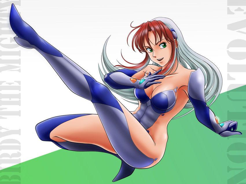 1girl birdy_cephon_altirra blue_footwear blue_gloves blue_leotard boots breasts brown_hair collarbone commentary_request copyright_name elbow_gloves full_body gloves green_eyes highres leotard long_hair medium_breasts multicolored_hair partial_commentary revealing_clothes skin_tight smile solo tamanegiinyo tetsuwan_birdy tetsuwan_birdy_decode thigh_boots thighhighs two-tone_hair white_hair