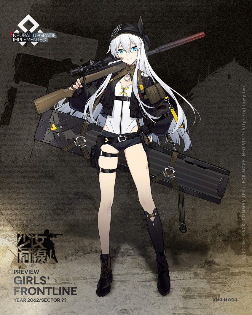 1girl alternate_costume asymmetrical_footwear bandana black_footwear black_jacket black_shorts blue_eyes boots brown_gloves character_name closed_mouth copyright_name eyebrows_visible_through_hair fingerless_gloves floor girls_frontline gloves gun hand_on_hip highres holding holding_weapon jacket long_hair looking_at_viewer mod3_(girls_frontline) official_art over_shoulder patch rifle shi-chen shorts silver_hair sniper_rifle solo standing weapon weapon_case weapon_over_shoulder xm3_(girls_frontline)