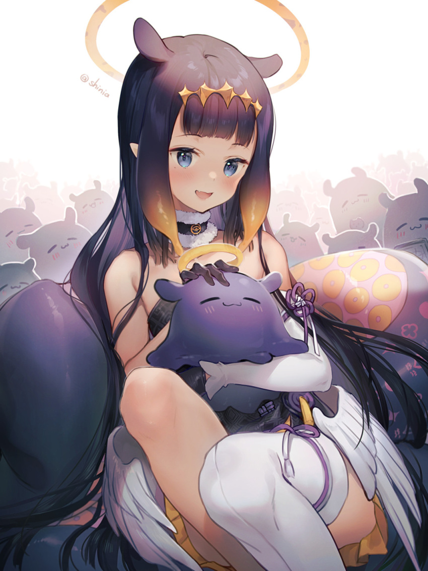 1girl :3 :d bangs bare_shoulders black_dress black_hair blue_eyes blush brown_hair closed_eyes closed_mouth commentary_request dress eyebrows_visible_through_hair feet_out_of_frame gradient_hair halo highres holding hololive hololive_english long_hair multicolored_hair ninomae_ina'nis petting shinia single_thighhigh smile strapless strapless_dress tako_(ninomae_ina'nis) tentacles thighhighs twitter_username very_long_hair virtual_youtuber white_background white_legwear