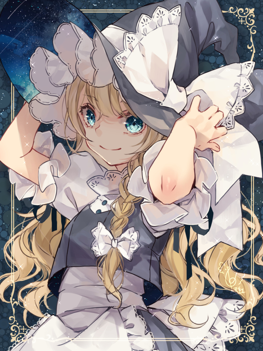 1girl apron bangs black_skirt black_vest blonde_hair blue_eyes bow braid falling_star framed hat hat_bow highres holding holding_clothes holding_hat kirisame_marisa long_hair looking_at_viewer puffy_short_sleeves puffy_sleeves shirt short_sleeves side_braid single_braid skirt sky_print smile solo sparkle touhou toutenkou upper_body vest waist_apron waist_bow wavy_hair white_bow white_shirt witch_hat