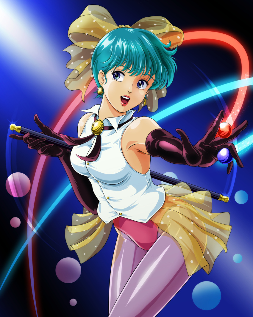 1girl :d black_gloves black_neckwear black_ribbon blue_eyes blue_hair bow breasts collared_shirt commentary_request dress_shirt earrings elbow_gloves gloves grey_legwear hair_bow highres holding jewelry leaning_forward leotard looking_to_the_side magical_emi mahou_no_star_magical_emi medium_breasts neck_ribbon open_mouth pantyhose partial_commentary polka_dot polka_dot_bow red_leotard ribbon shiny shiny_clothes shiny_hair shiny_legwear shirt short_hair sleeveless sleeveless_shirt smile solo sparkle standing tamanegiinyo white_shirt wing_collar yellow_bow
